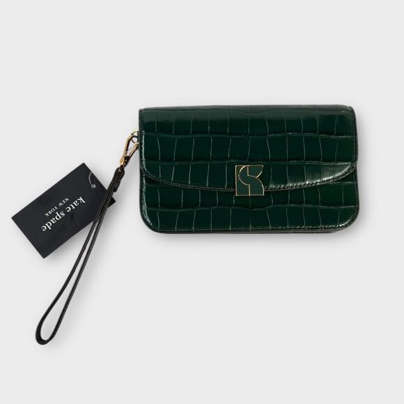 Kate Spade Dakota Croc-embossed Flap Wristlet in Rock Garden Green NEW - Picture 2 of 12